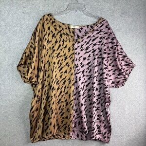 Women’s Blouse 1X Animal Print Color Block Two Tone Plus Size Pink Short Sleeve